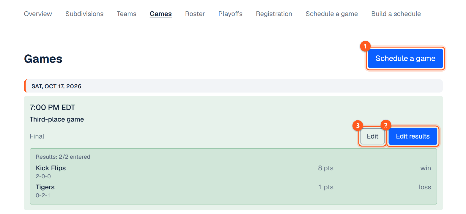 The Games tab of a season, one row per game