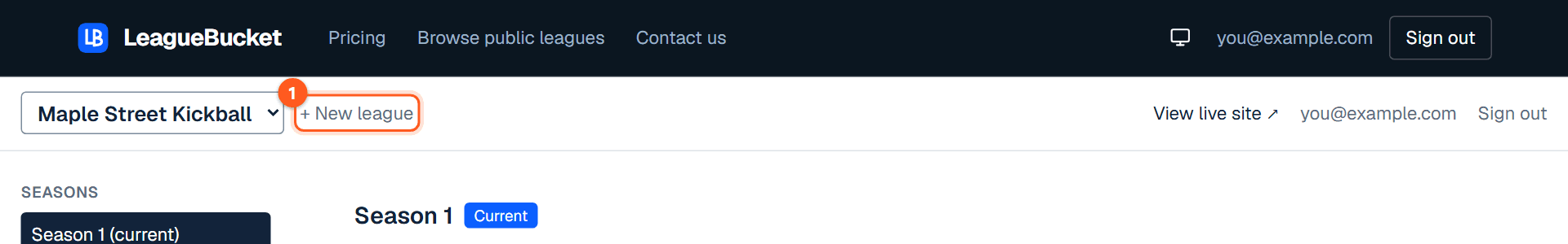 The + New league link at the top of admin