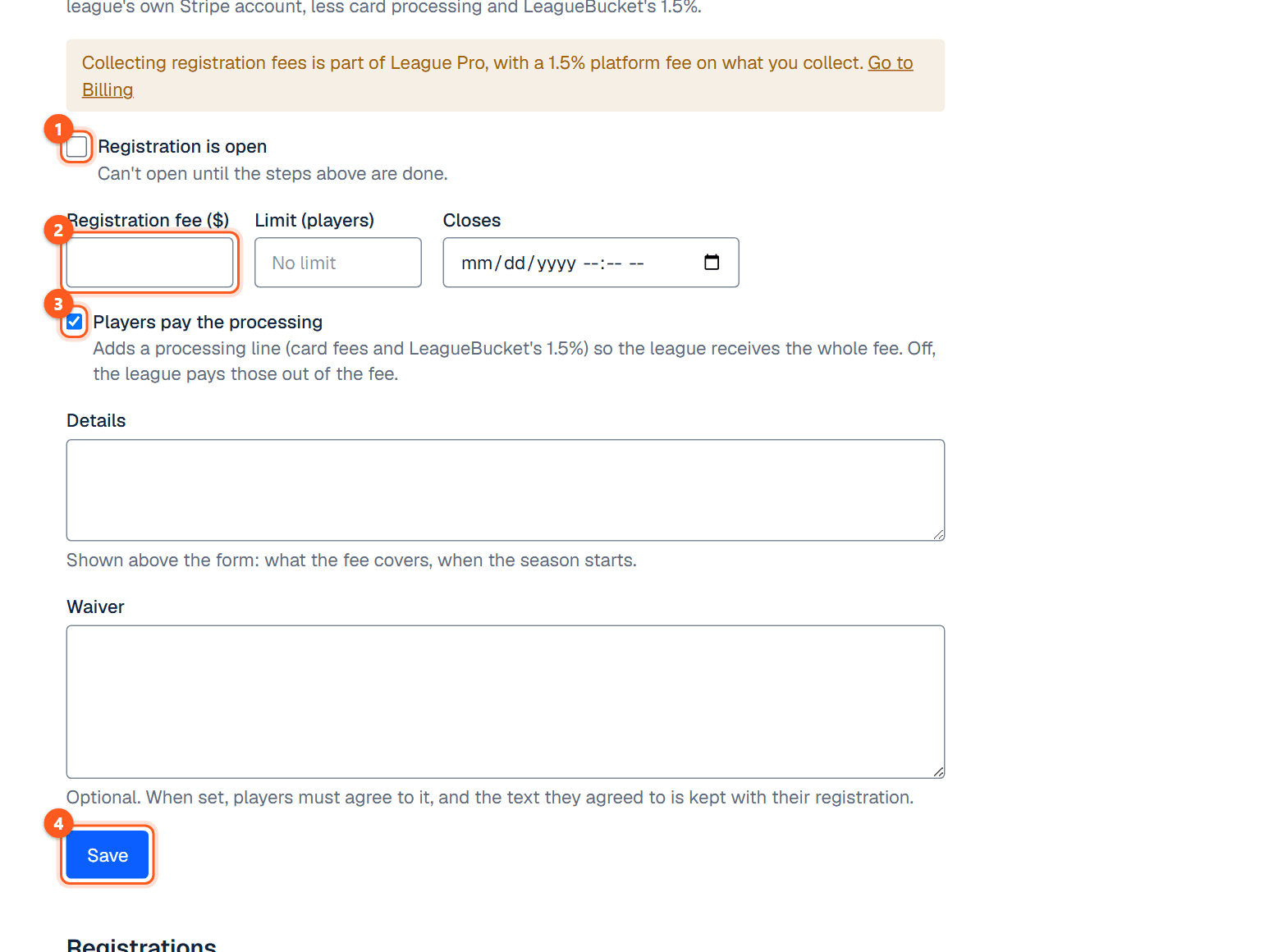 The Registration tab of a season