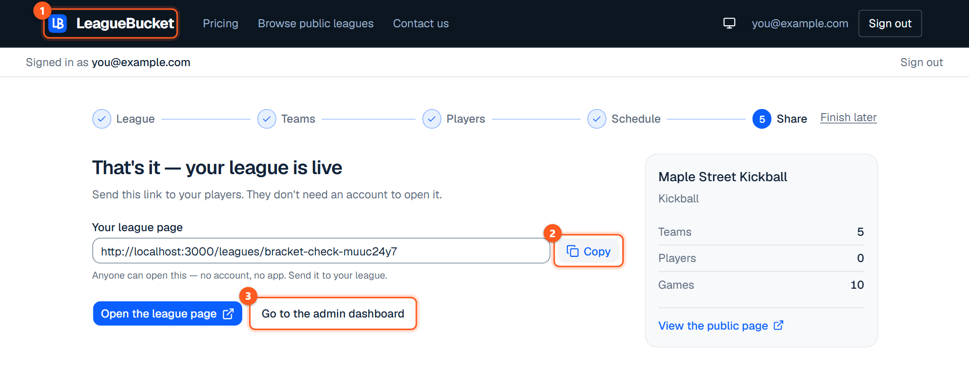 The last step of guided setup, with the league's public link