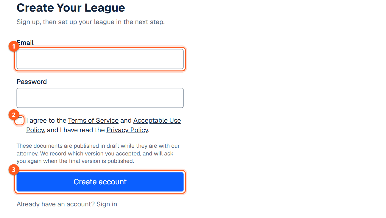 The sign-up page