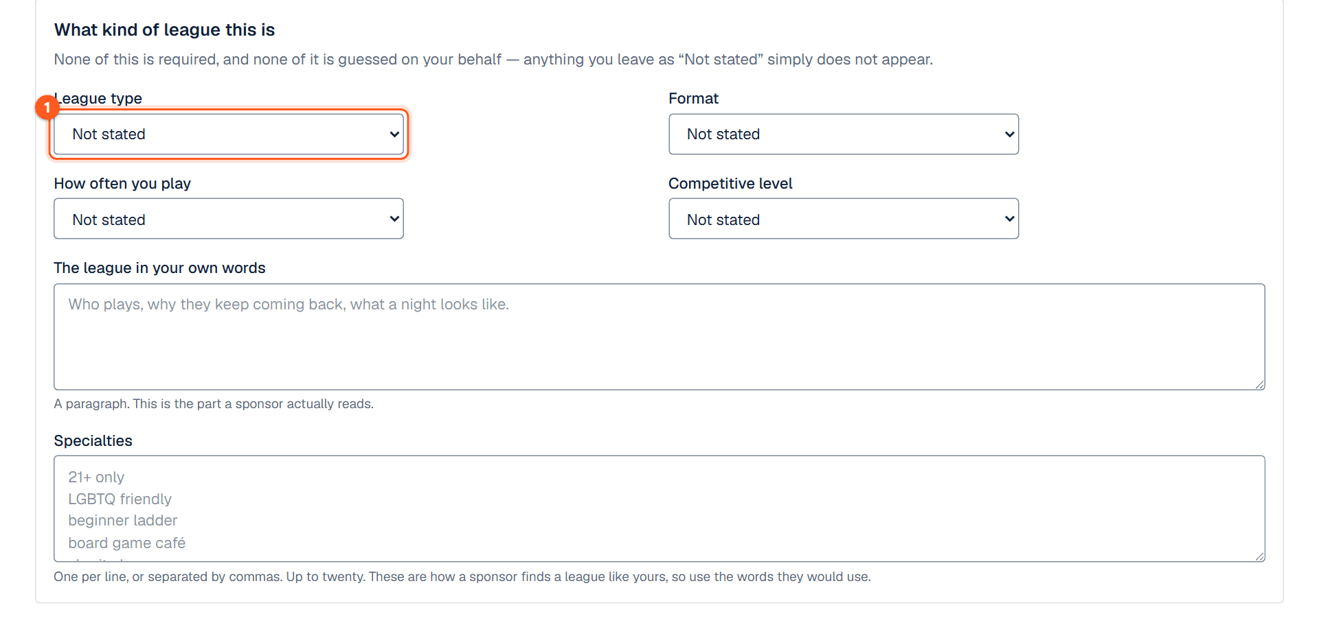 The League profile form