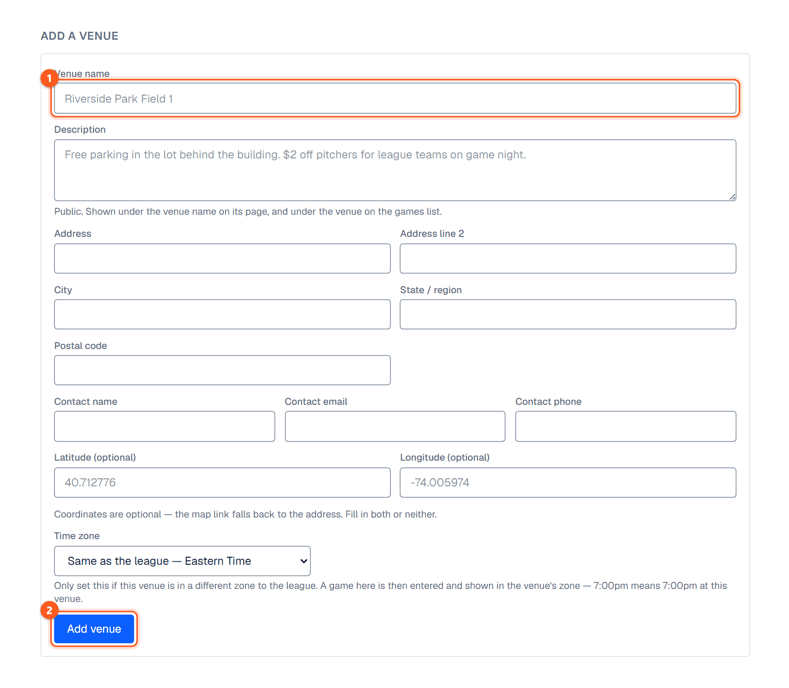 The Venues screen with the Add a venue form