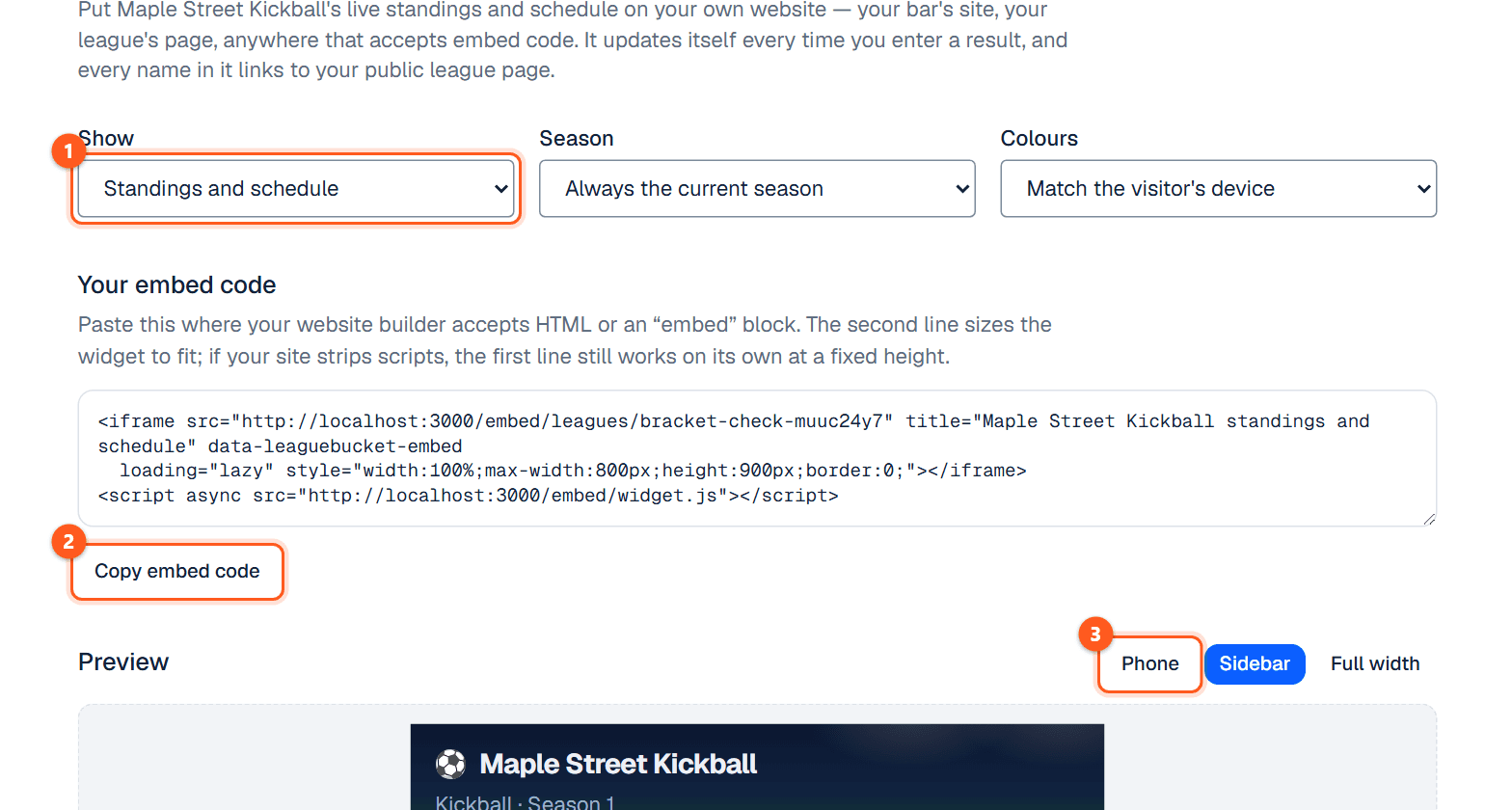 The Website widget screen with the embed code and a preview