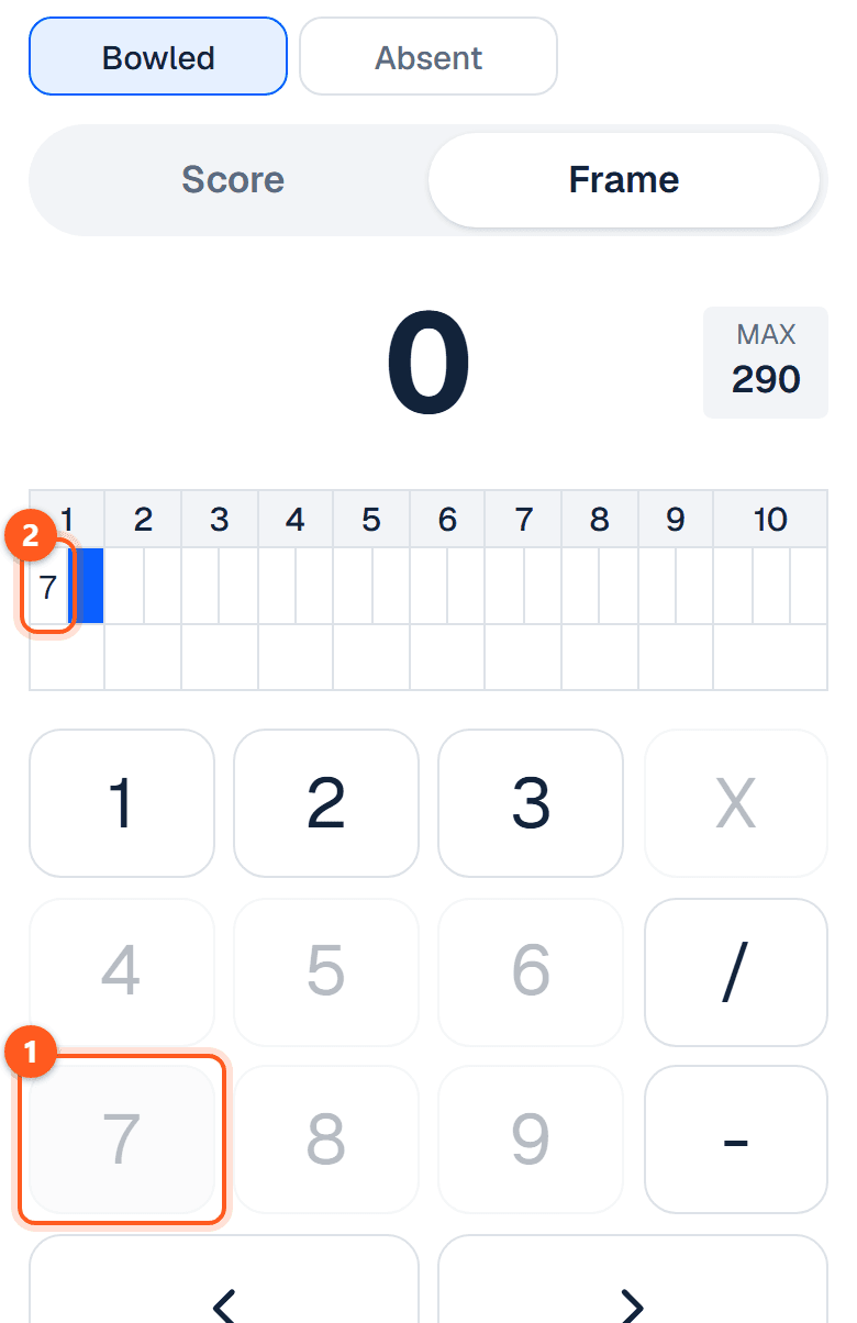 The keypad sheet after a 7: the 7 is in the first frame's first box