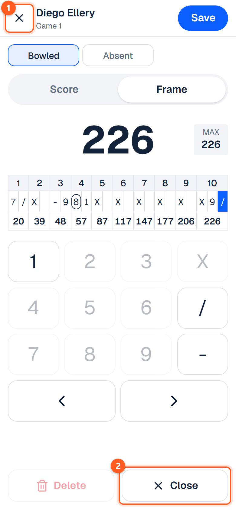 The Close key at the foot of the sheet and the X at its top left
