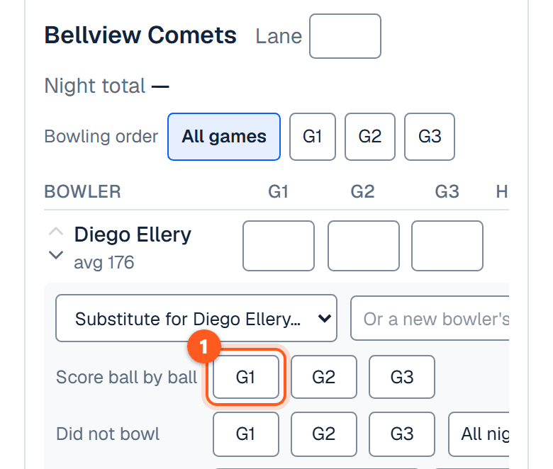 The row opened out, with a button for each game beside Score ball by ball