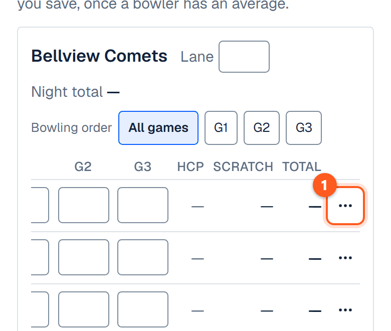 A team's card on the results screen, with the three dots at the end of the first bowler's row