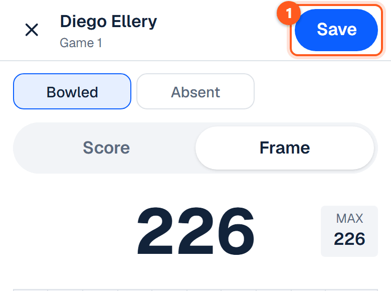 The Save button at the top right of the sheet, over a finished game