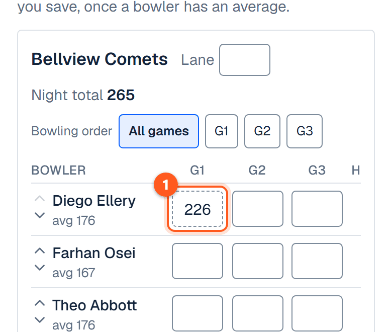 The team's card with the saved game shown as a dashed box holding its score