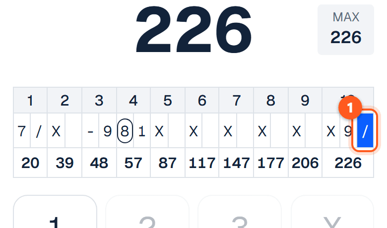A finished game with a strike, a 9 and a spare in the tenth frame's three boxes
