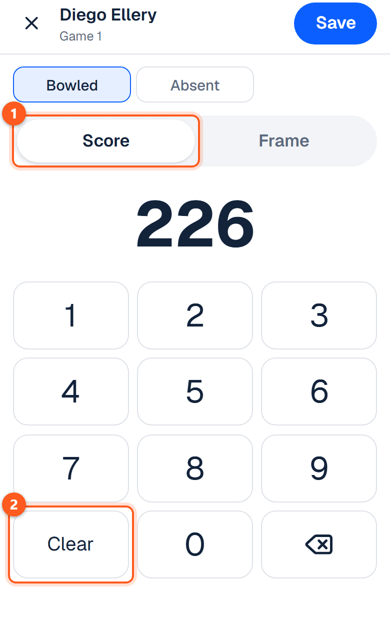 The sheet on its Score tab with a number keypad