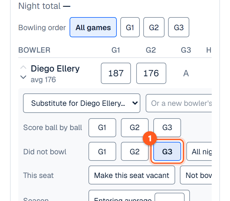 The opened row with game 3 lit beside Did not bowl, and an A in that bowler's third box