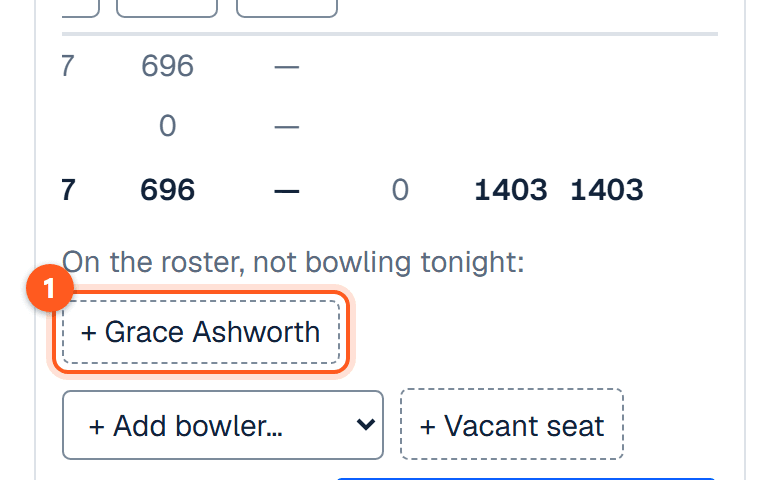 Under the card, a button with a plus and the name of the bowler taken off