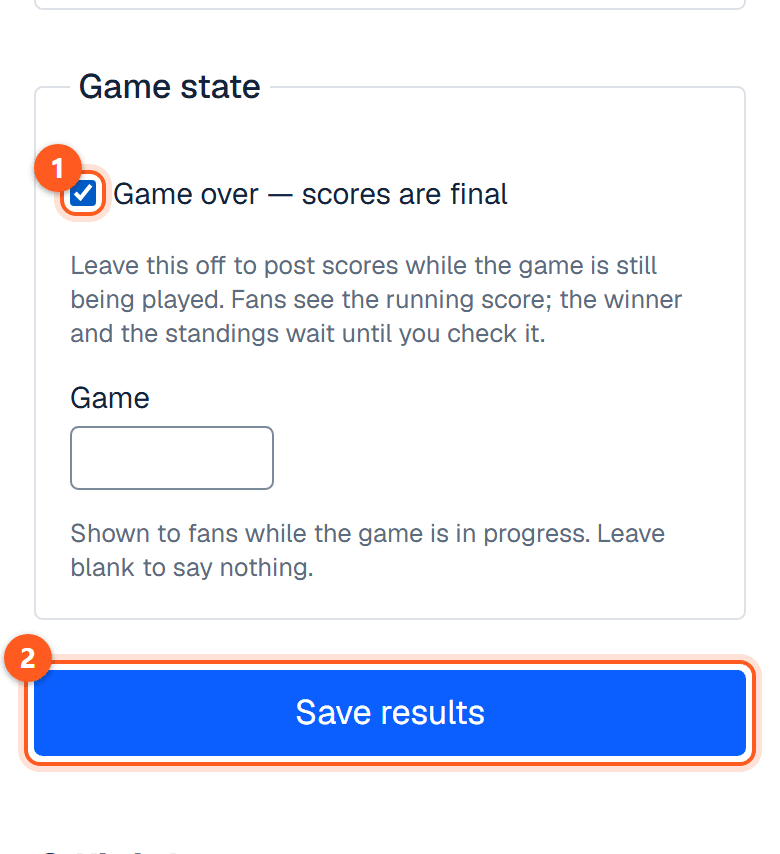 The Game state box at the foot of the page with Game over ticked and the Save results button