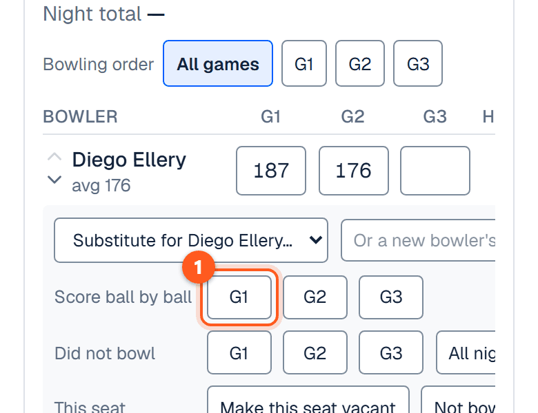 The opened row with a button for each game beside Score ball by ball