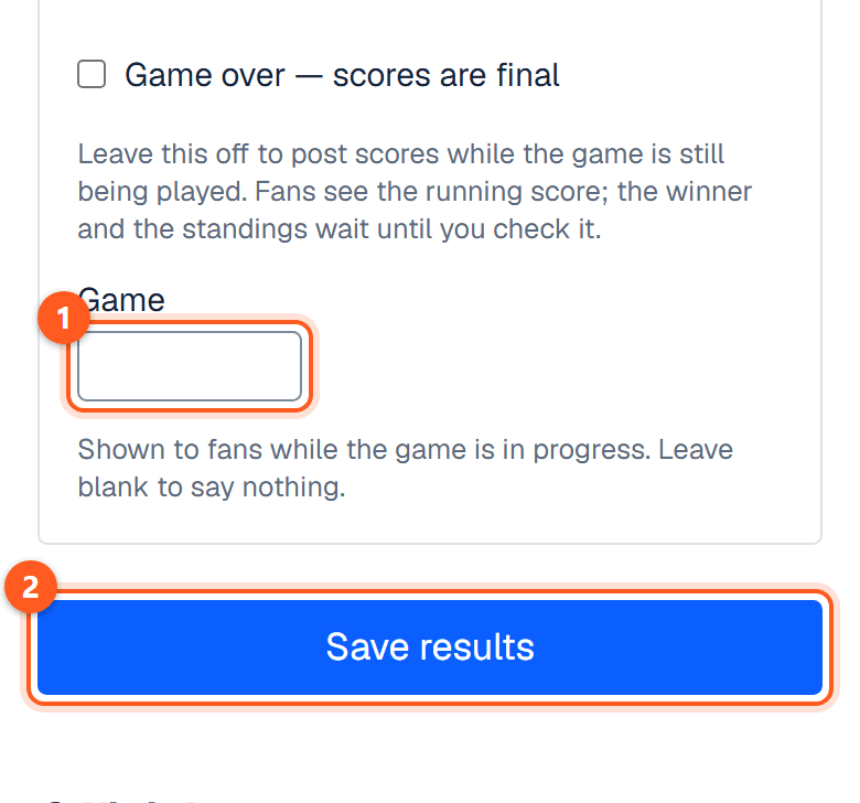 The Game state box with Game over not ticked, the Game box and the Save results button