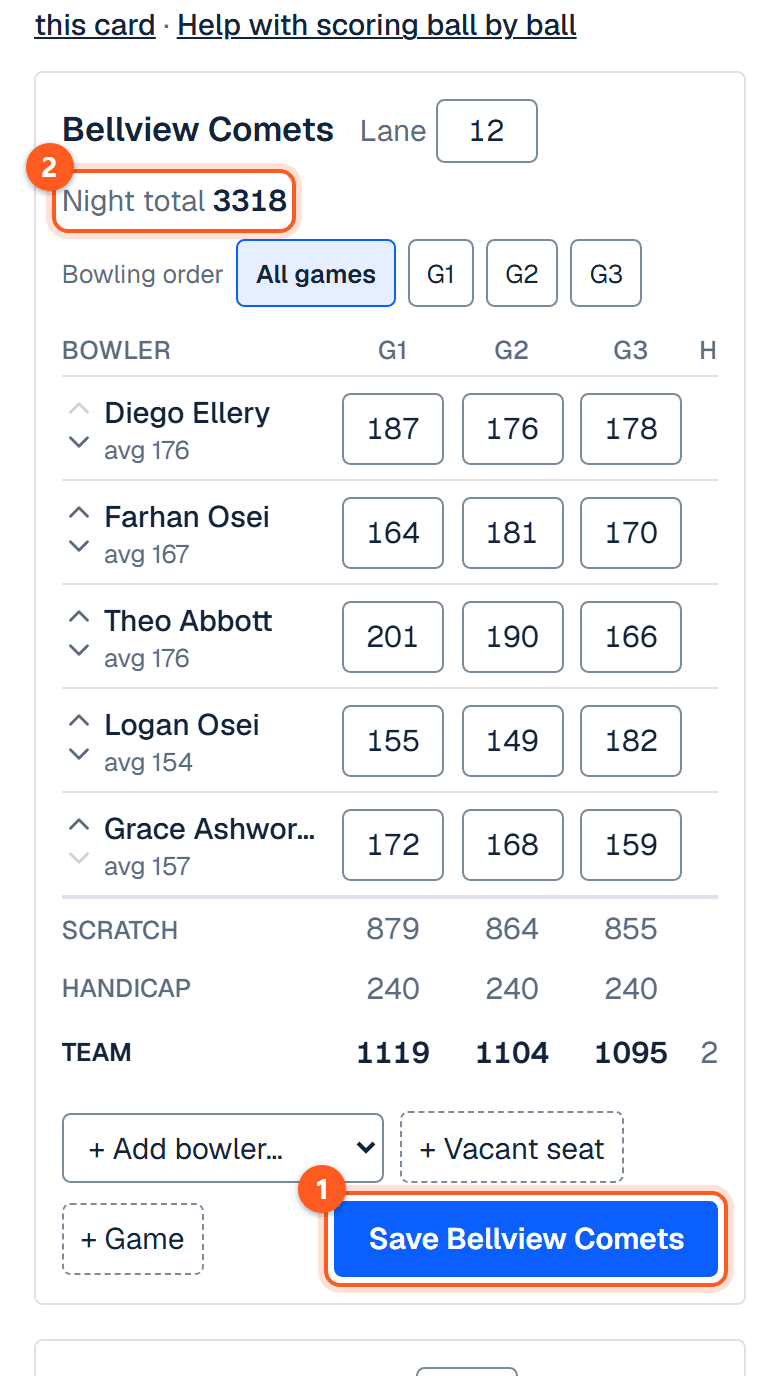 The saved card: the Night total filled in beside the team's name