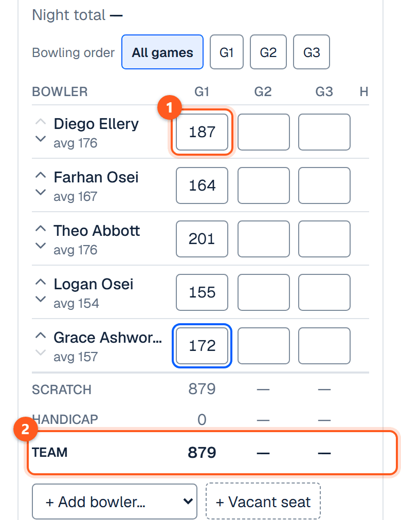 A team's card with a score typed for each bowler in game 1 and the team's total under them