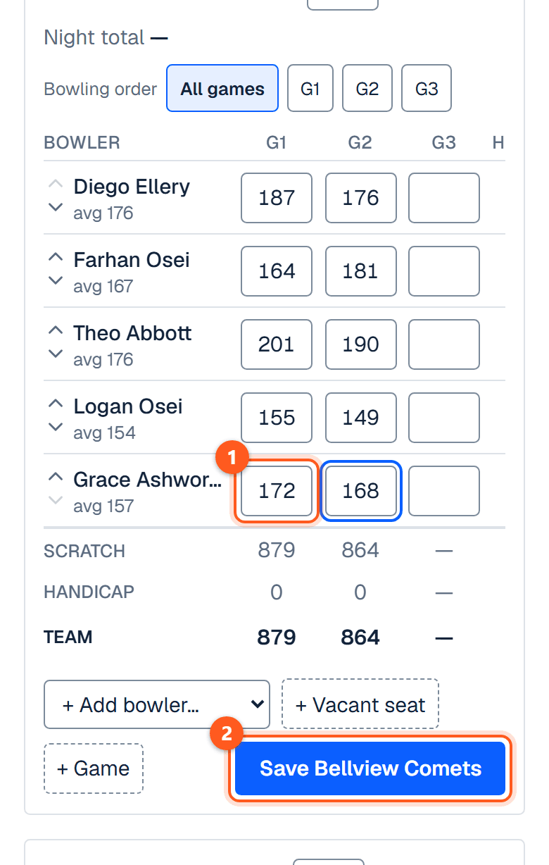 A team's card with scores typed in and the Save button under it