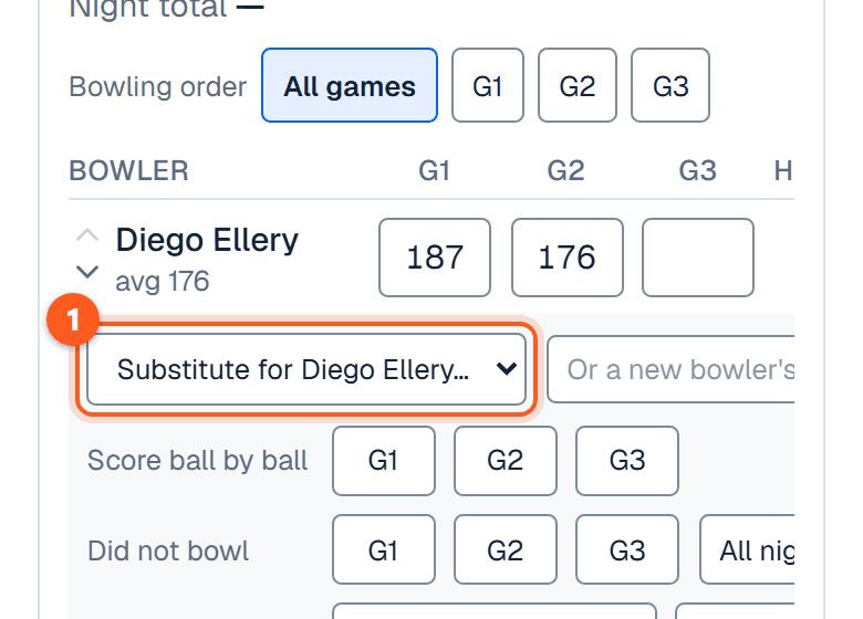 A bowler's row opened out, with the Substitute for list, a box for a new name and Add as sub