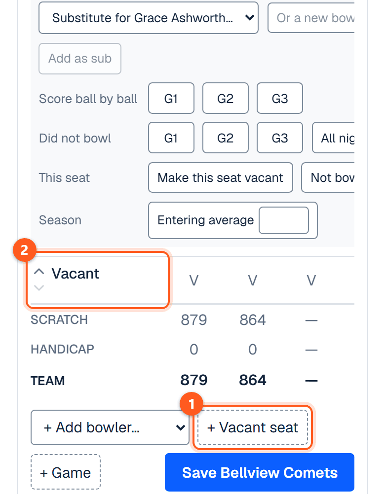 A Vacant row at the foot of the bowlers and the + Vacant seat button under the card