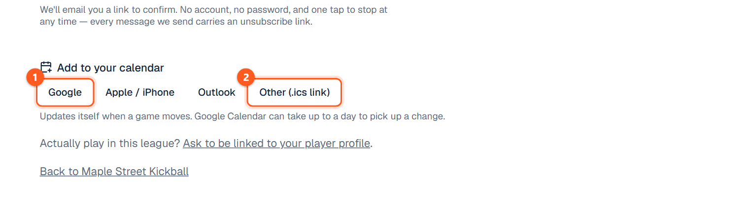 The calendar links on a league's Follow page