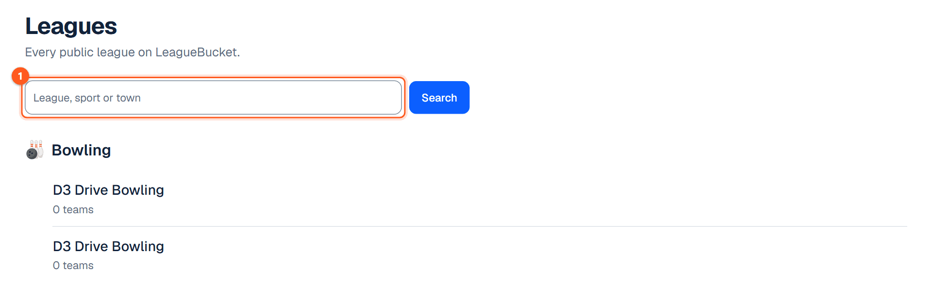 The Browse public leagues page with its search box