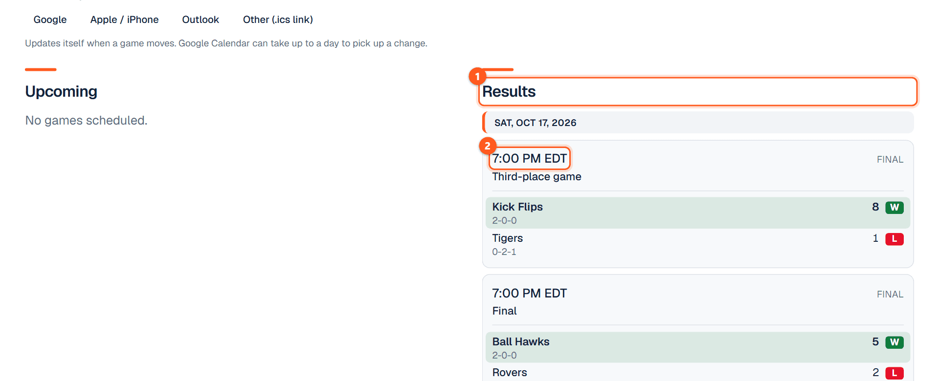 A league's public Games page